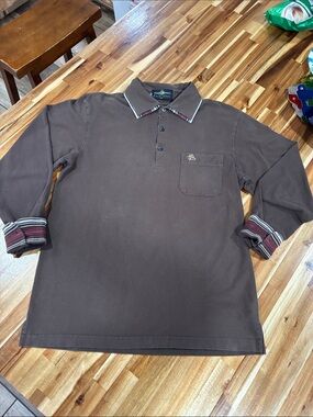 Pierre Balmain Brown Long-Sleeve Polo with Striped Trim